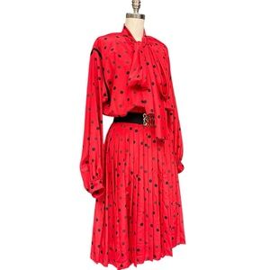 Vintage Red Polka Dot Pleated Dress Tie Neck Long Sleeve Midi with Belt